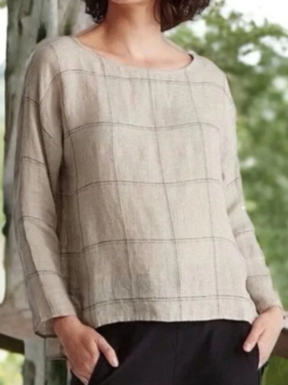 Eileen Fisher Catalan Organic Linen Boxy Plaid Top XL - Picture 1 of 11